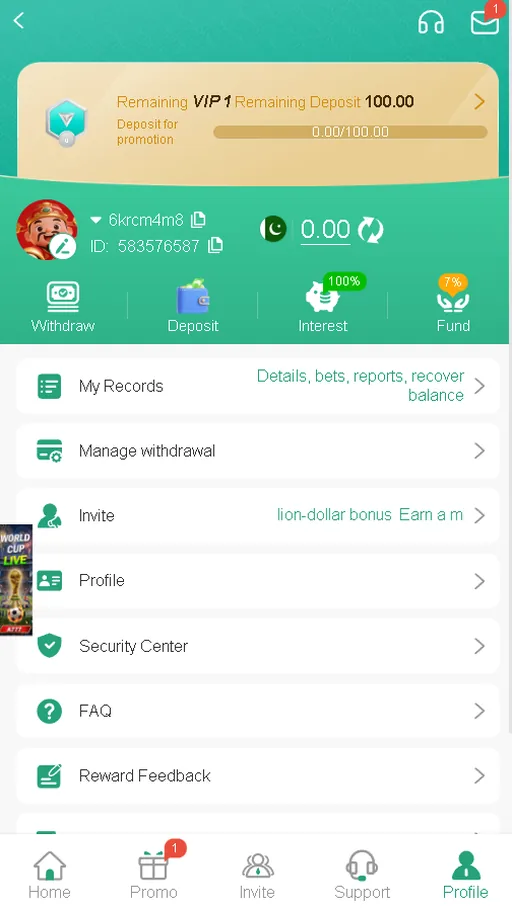 A777 app PK profile wallet with withdraw, deposit, interest and fund options