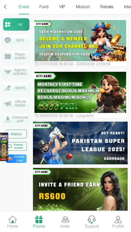 A777 new apk promotions page with cashback, recharge bonus and referral events